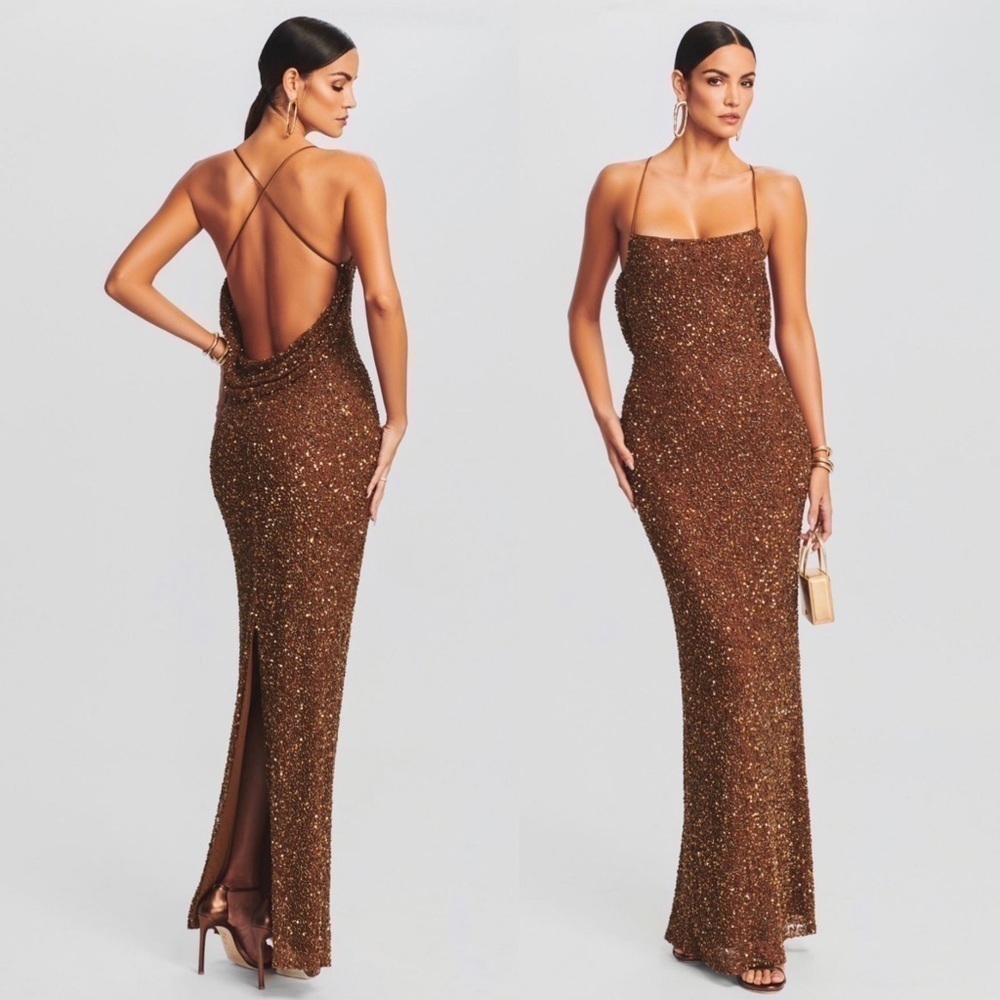 NWT Retrofete Alice Sequins Maxi Dress in Amber Brown XL